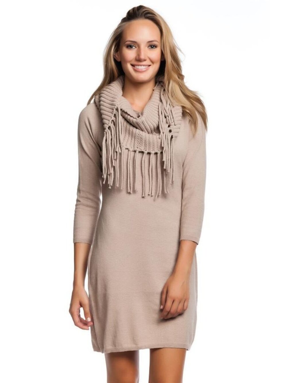 Acrobat Crochet Knit Mini Dress Oatmeal Detachable Fringe Cowl NWT